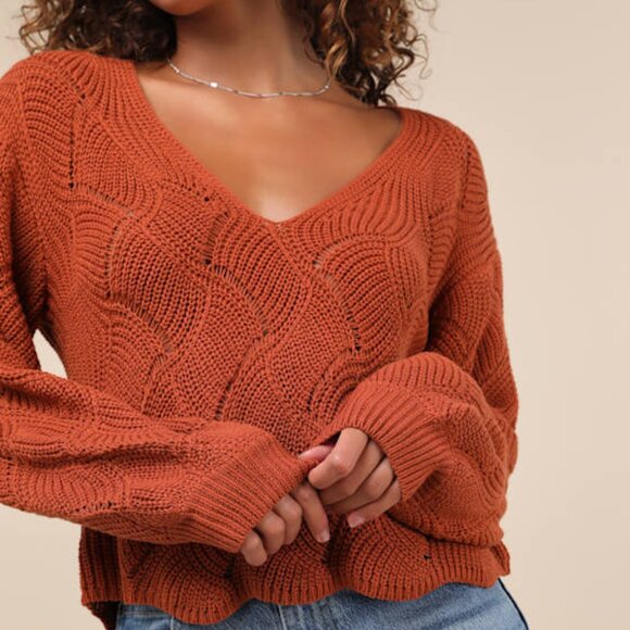 Lulus Cute Lifestyle Rust Orange Pointelle Knit V-neck Sweater Top - Size M - Picture 2 of 4